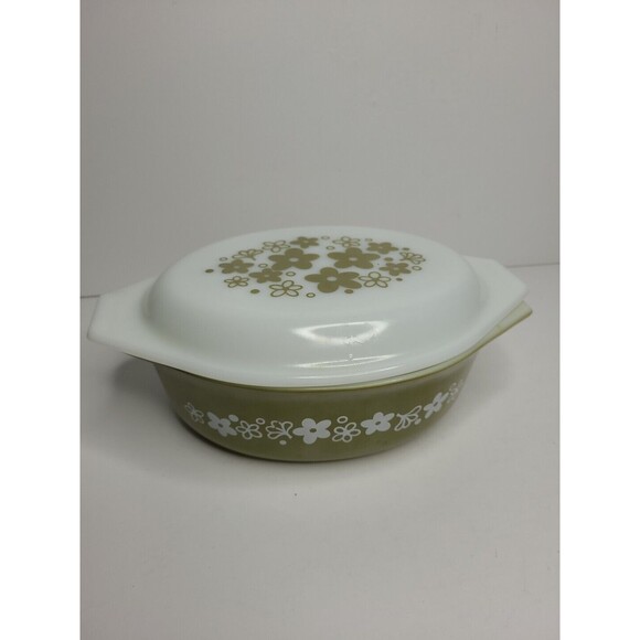 Vintage Pyrex Spring Blossom Green Crazy Daisy Casserole Dish 1.5 Quart - Picture 3 of 8